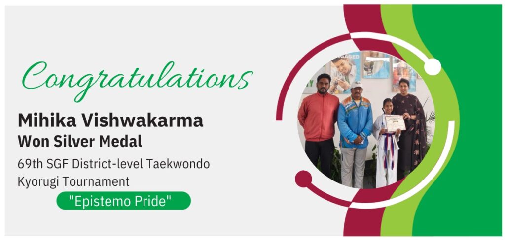 Award announcement banner celebrating Mihika Vishwakarma for her Silver Medal achievement in the SGF District-level Taekwondo tournament.