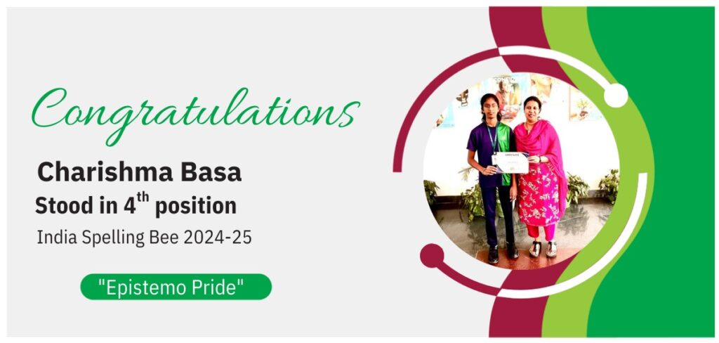 Award announcement banner celebrating student Charishma Basa for securing 4th position in the national spelling bee tournament.