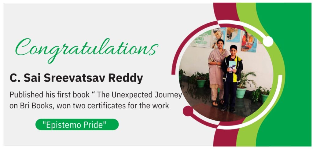 Award announcement banner celebrating student C. Sai Sreevatsav Reddy for publishing his book "The Unexpected Journey".
