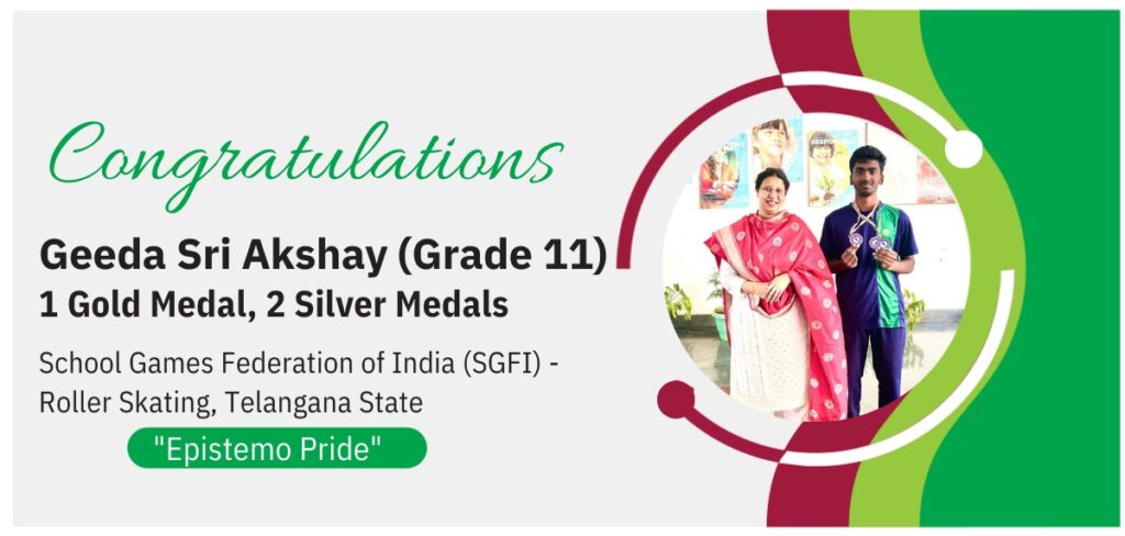 Award announcement banner celebrating Grade 11 student Geeda Sri Akshay for his SGFI Roller Skating victory.