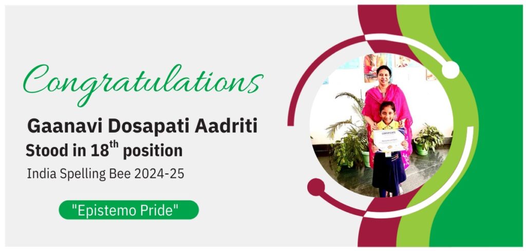 Award announcement banner celebrating student Gaanavi Dosapati Aadriti for securing 18th position in the national spelling bee tournament.