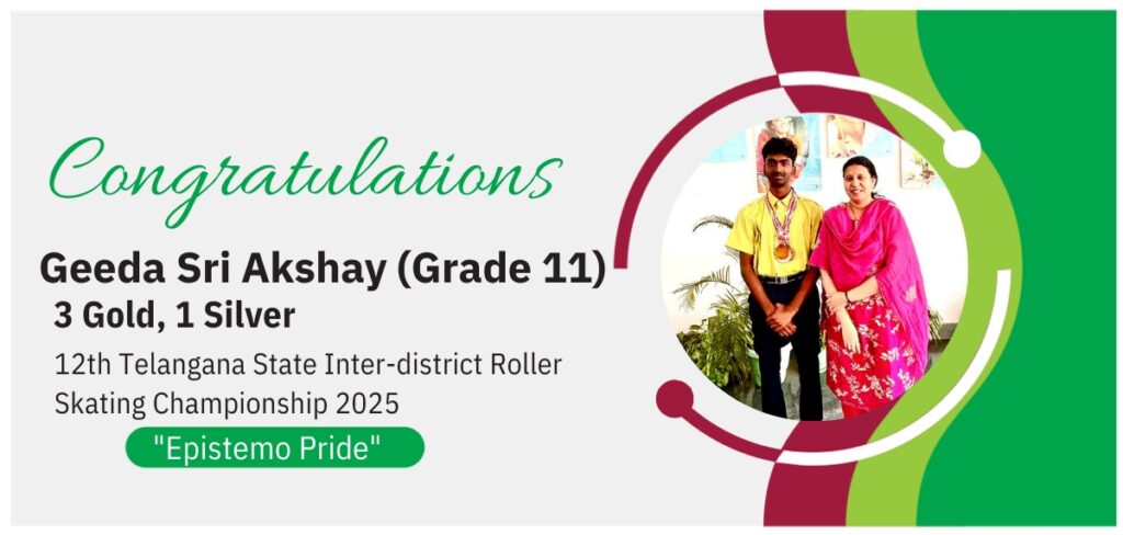 Award announcement banner celebrating Geeda Sri Akshay for his multi-medal win at the Telangana State Inter-district Roller Skating Championship.