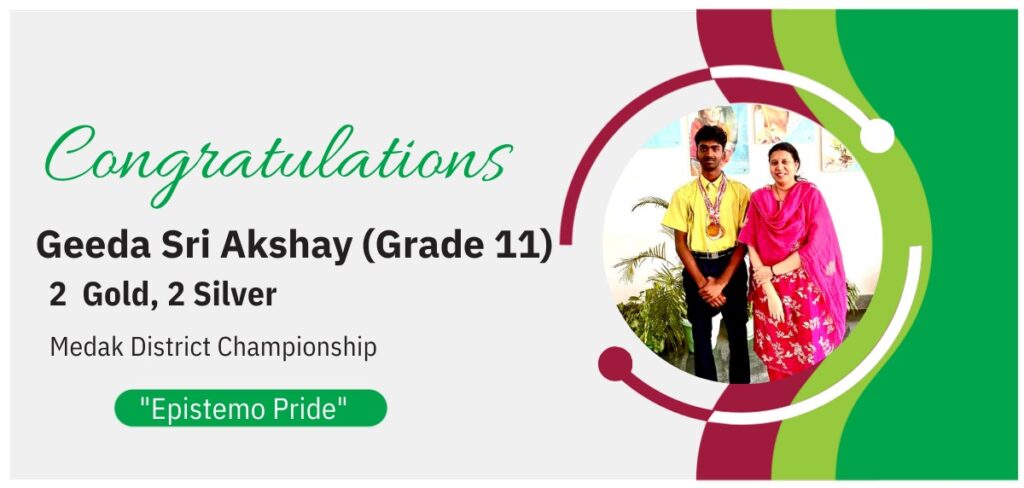 Award announcement banner celebrating Geeda Sri Akshay for his 2 Gold and 2 Silver medal victory at the Medak District Championship.