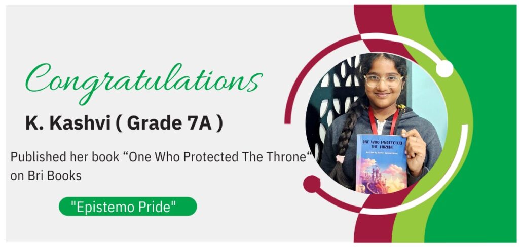 Award announcement banner celebrating Grade 7 student K. Kashvi for publishing her book "One Who Protected The Throne".
