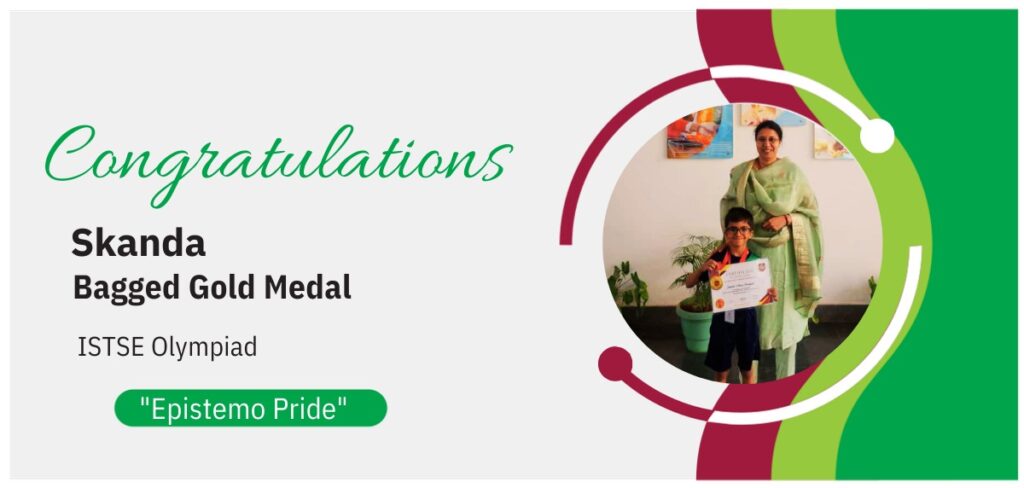 Award announcement banner celebrating Skanda for his Gold Medal achievement in the ISTSE Olympiad.
