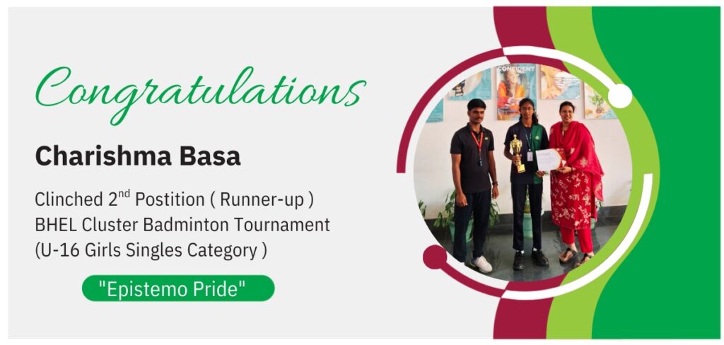 Award announcement banner celebrating Charishma Basa as the runner-up in the BHEL Cluster Badminton Tournament.
