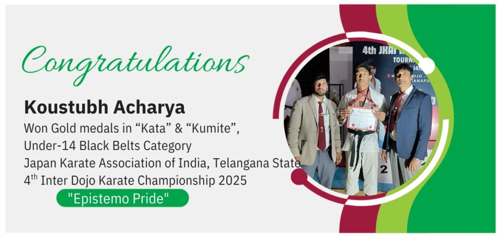 Award announcement banner for Koustubh Acharya celebrating his dual Gold medal victory at the Japan Karate Association of India tournament.