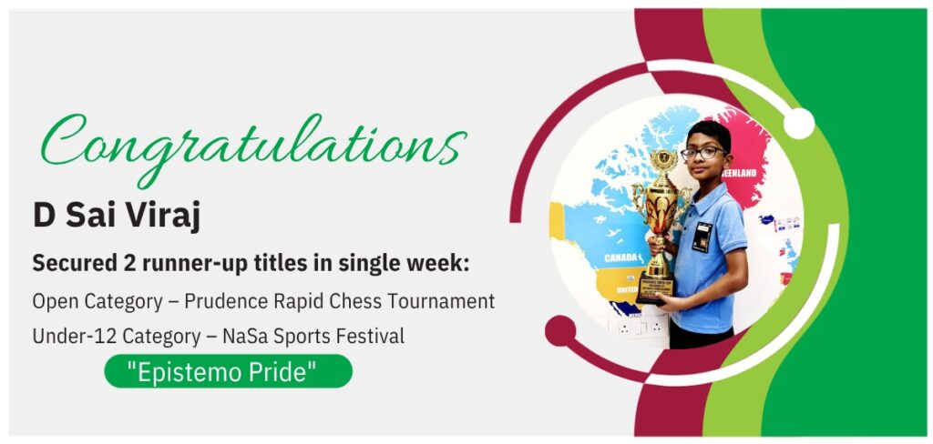 Congratulations banner for Epistemo Grade 4 student D Sai Viraj holding a trophy.