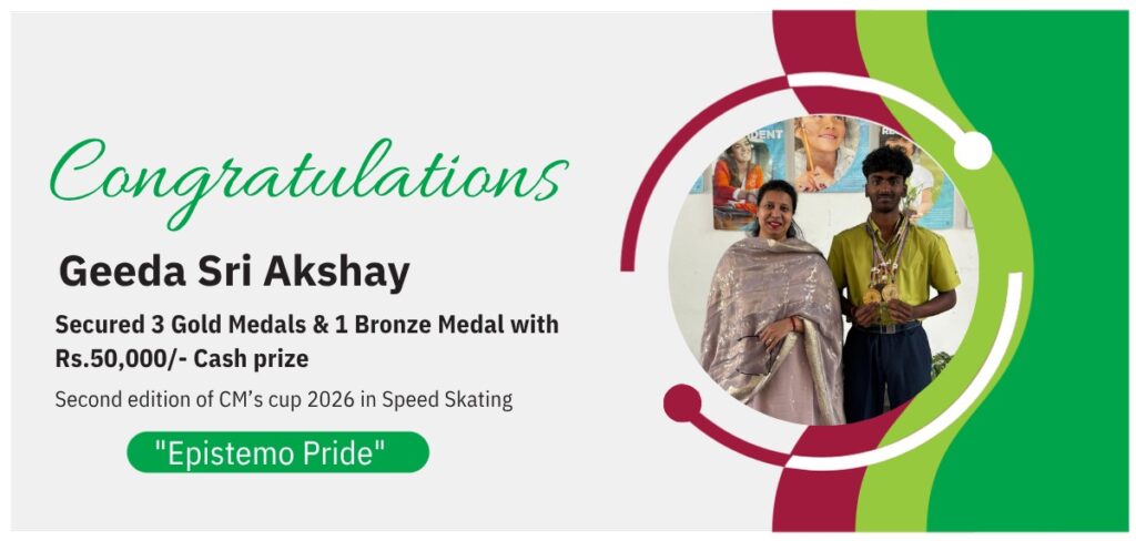 Congratulations banner for Epistemo student Geeda Sri Akshay celebrating his Speed Skating victory at the CM's Cup 2026