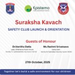 Epistemo event banner for the Suraksha Kavach Safety Club Launch on 27th October, 2025, with logos of Cyberabad Police, Epistemo, and SCSC.