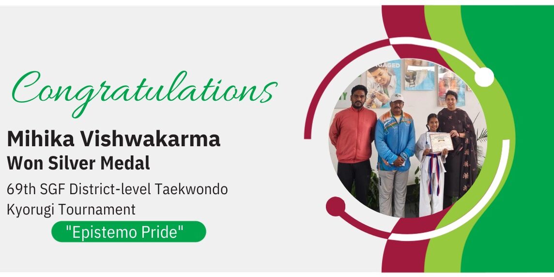 Award announcement banner celebrating Mihika Vishwakarma for her Silver Medal achievement in the SGF District-level Taekwondo tournament.