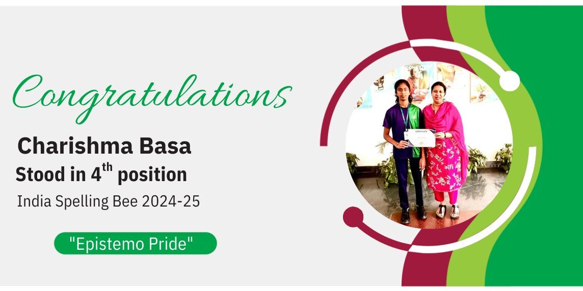 Award announcement banner celebrating student Charishma Basa for securing 4th position in the national spelling bee tournament.