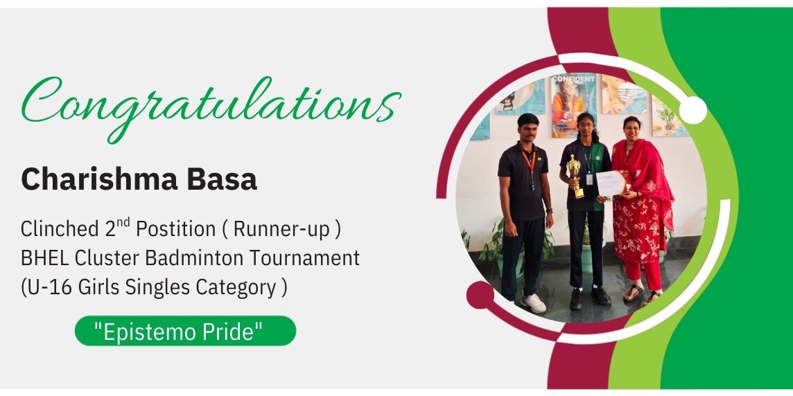 Award announcement banner celebrating Charishma Basa as the runner-up in the BHEL Cluster Badminton Tournament.