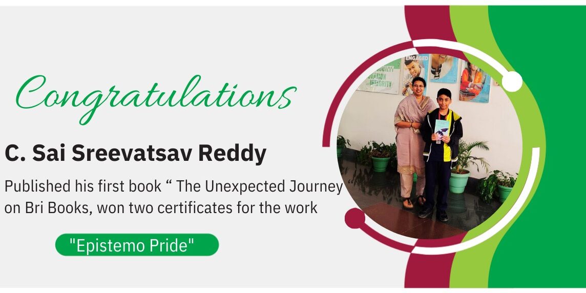 Award announcement banner celebrating student C. Sai Sreevatsav Reddy for publishing his book "The Unexpected Journey".
