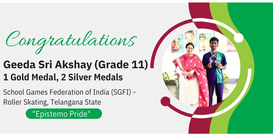 Award announcement banner celebrating Grade 11 student Geeda Sri Akshay for his SGFI Roller Skating victory.