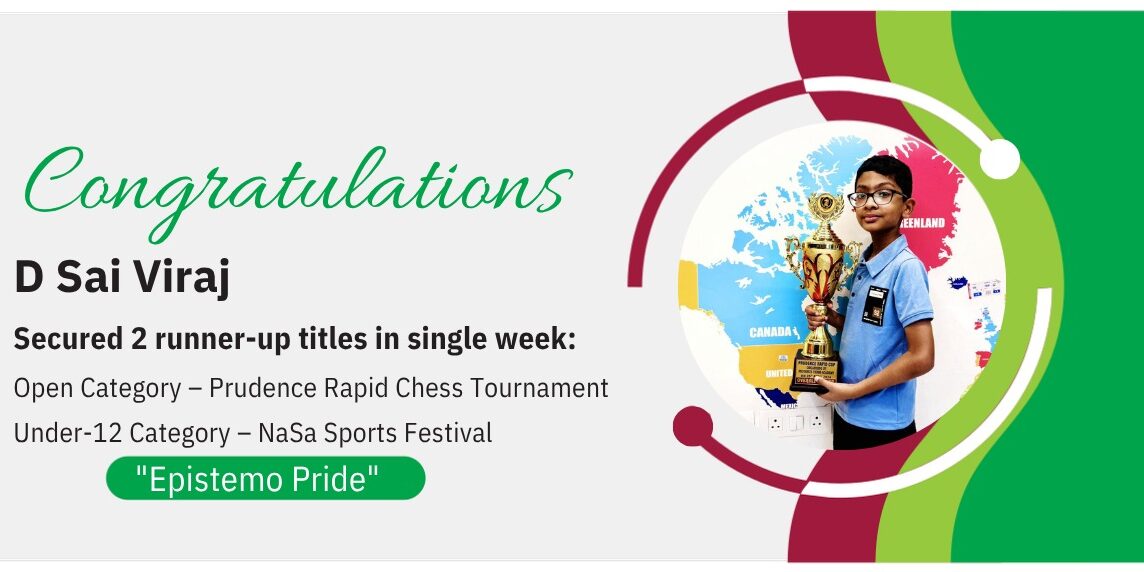 Congratulations banner for Epistemo Grade 4 student D Sai Viraj holding a trophy.