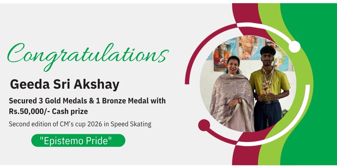 Congratulations banner for Epistemo student Geeda Sri Akshay celebrating his Speed Skating victory at the CM's Cup 2026