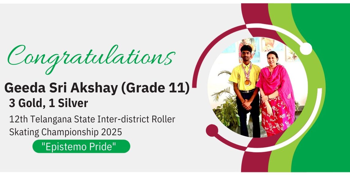 Award announcement banner celebrating Geeda Sri Akshay for his multi-medal win at the Telangana State Inter-district Roller Skating Championship.