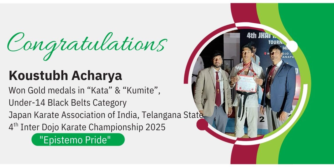 Award announcement banner for Koustubh Acharya celebrating his dual Gold medal victory at the Japan Karate Association of India tournament.