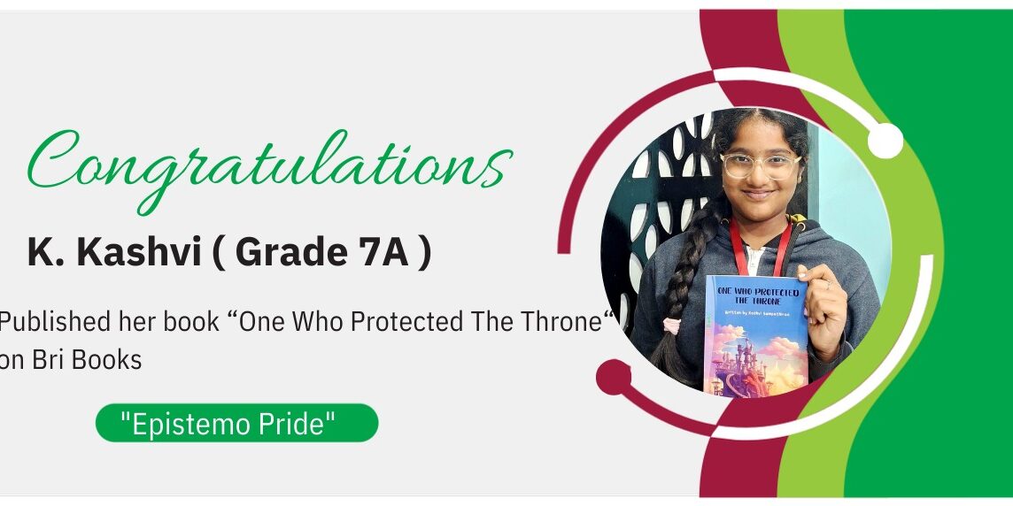 Award announcement banner celebrating Grade 7 student K. Kashvi for publishing her book "One Who Protected The Throne".